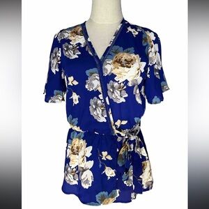 Sienna Sky Women’s Small Royal Blue Floral Wrap Short Sleeve Dress Sz S